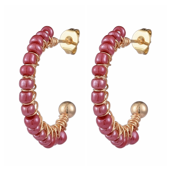 

PandaHall Brass Stud Earring, Half Hoop Earrings, with Glass Seed Beads and Plastic Ear Nuts, Crimson, 21.5x24x4mm, Pin: 0.6mm Glass Letter..., Pink