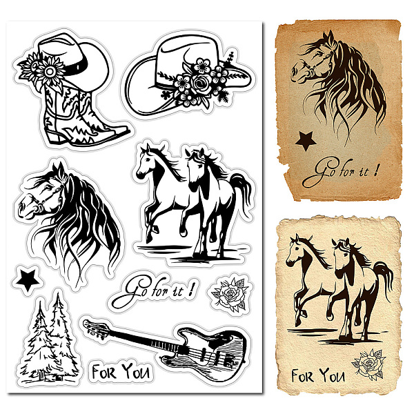PandaHall CRASPIRE Horse Western Rubber Stamp Cowboy Boots Hat Guitar Flowers Clear Transparent Silicone Seals Stamp for Journaling Card...