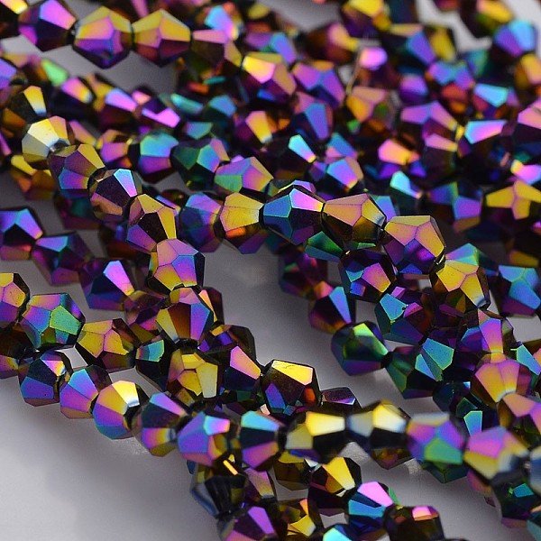 

PandaHall Faceted Bicone Electroplate Glass Beads Strands, Full Rainbow Plated, Indigo, 4x4mm, Hole: 1mm, about 115~118pcs/strand, 18.5 inch..., Purple