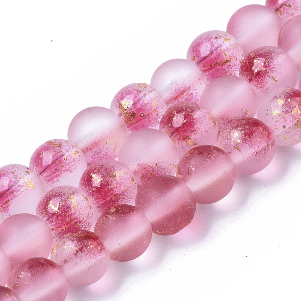 

PandaHall Frosted Spray Painted Glass Beads Strands, with Golden Foil, Round, Camellia, 6~7mm, Hole: 1.2~1.5mm, about 65~67pcs/Strand, 14.76..., Pink
