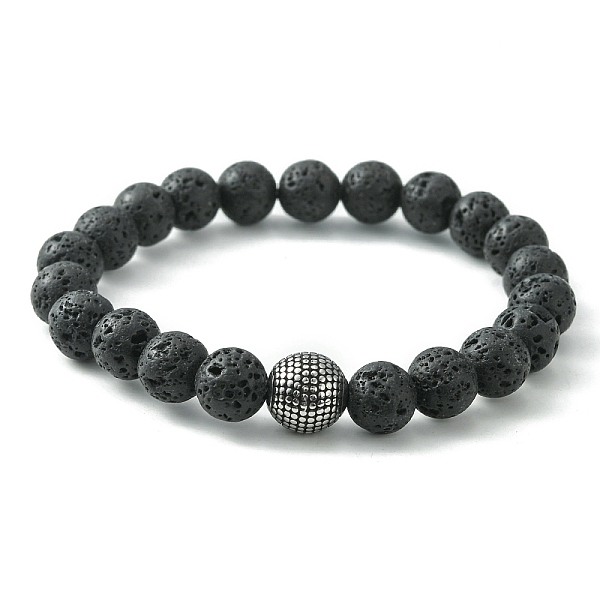 

PandaHall Natural Lava Rock & 316 Surgical Stainless Steel Round Beaded Stretch Bracelet, Inner Diameter: 2-1/8 inch(5.3cm) Lava Rock