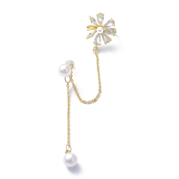 PandaHall Flower Cubic Zirconia Asymmetrical Earrings, Brass Ear Cuff Wrap Climber Earrings, Crawler Earrings Dangling Chain, with Silver...