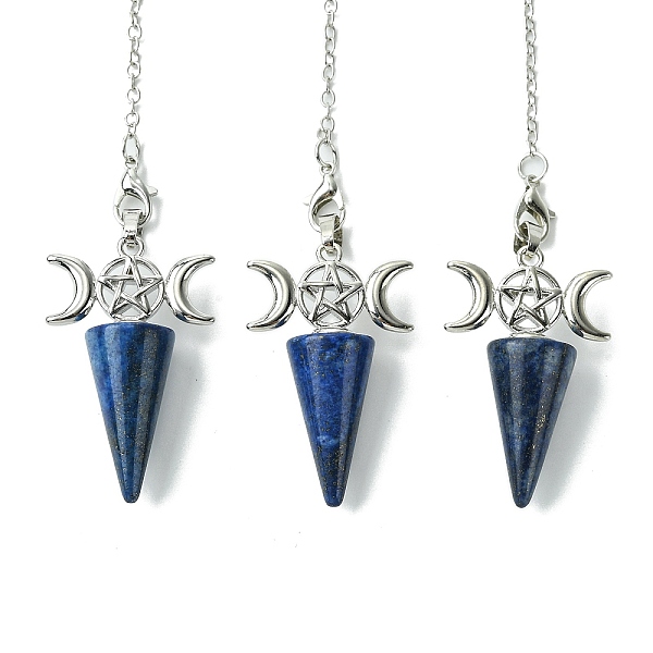 

PandaHall Natural Lapis Lazuli Cone Dowsing Pendulum Big Pendants, with Triple Moon Rack Plating Platinum Plated Brass Findings, Cadmium...