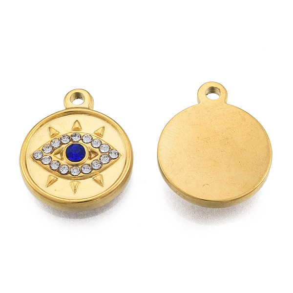 

PandaHall 304 Stainless Steel Pendants, with Montana Rhinestone, Flat Round with Eye, Real 18K Gold Plated, 19x15.5x3mm, Hole: 1.6mm..., Blue