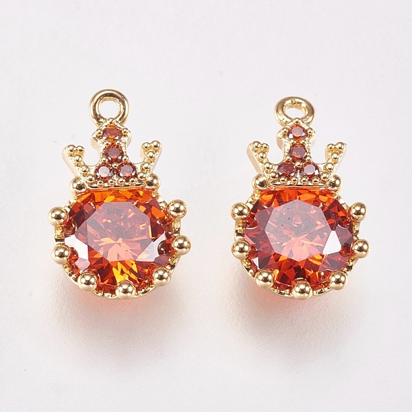 

PandaHall Brass Glass Pendants, Real 18K Gold Plated, Flat Round with Crown, Red, 12x7x4mm, Hole: 1mm Brass+Glass Flat Round Red