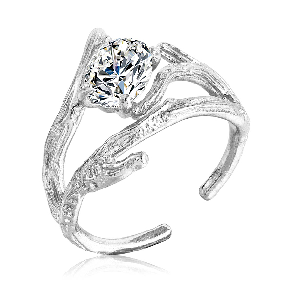 

PandaHall Rhodium Plated 925 Sterling Silver Branch Open Cuff Ring, Clear Cubic Zirconia Hollow Ring for Women, Platinum, US Size 5 1/4...