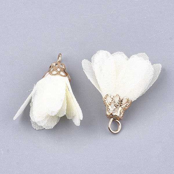

PandaHall Chiffon Pendants, with Iron Findings, Flower, Golden, Cornsilk, 25~27x20~30mm, Hole: 2.5mm Cloth Flower Gold