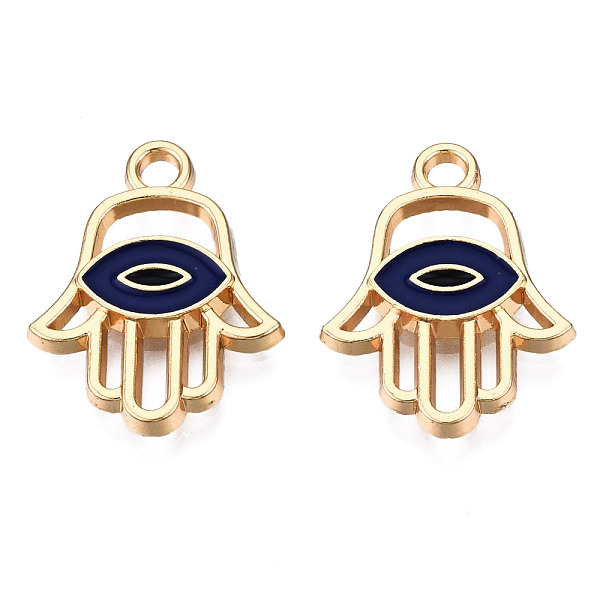 

PandaHall Light Gold Plated Alloy Pendants, with Enamel, Hamsa Hand/Hand of Miriam with Evil Eye, Midnight Blue, 20x15.5x2.5mm, Hole: 2mm...