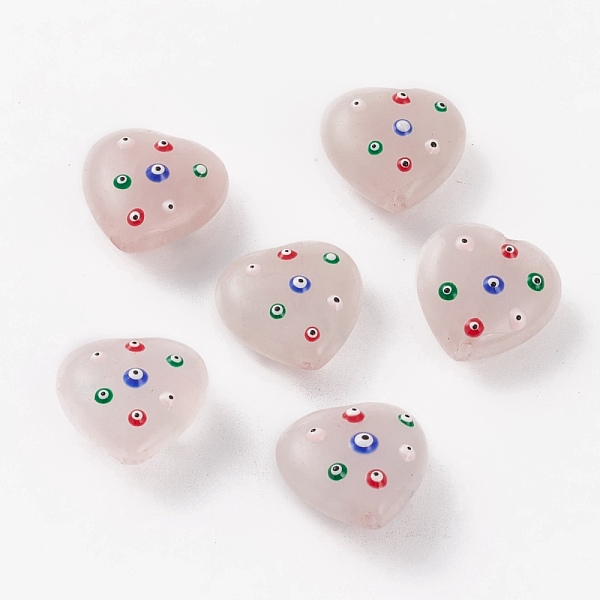 PandaHall Natural Rose Quartz Beads, with Enamel, Heart with Evil Eye, 20~20.2x20.3x9.8~10.5mm, Hole: 1.5mm Rose Quartz Heart