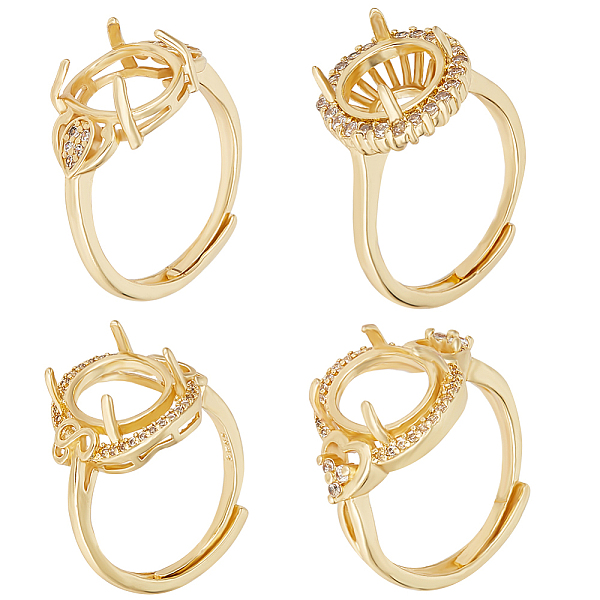 

PandaHall Beebeecraft 4Pcs 4 Style Brass Cubic Zirconia Adjustable Ring Components, 4 Claw Prong Ring Settings, Oval, Long-Lasting Plated...