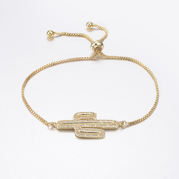 

PandaHall Adjustable Brass Micro Pave Cubic Zirconia Bolo Bracelets, Slider Bracelets, with Brass Box Chains, Cactus, Golden, 10-5/8 inch..., Clear