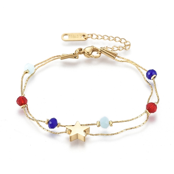 PandaHall 304 Stainless Steel Multi-strand Bracelets, with Faceted Glass Beads, Coreana Chains and Lobster Claw Clasps, Star, Colorful...