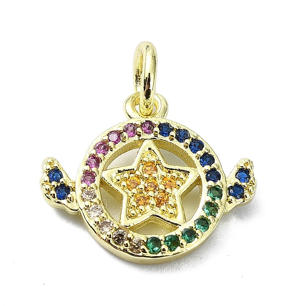 

PandaHall Brass Micro Pave Colorful Cubic Zirconia Pendants, with Jump Ring, Flat Round with Star Charm, Real 18K Gold Plated, 12x14x2mm..., Multicolor