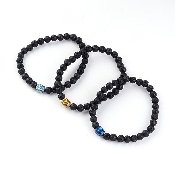 

PandaHall Buddha Head Natural Lava Rock Beaded Stretch Bracelets, with Electroplated Non-Magnetic Hematite Beads, 58mm Lava Rock Black