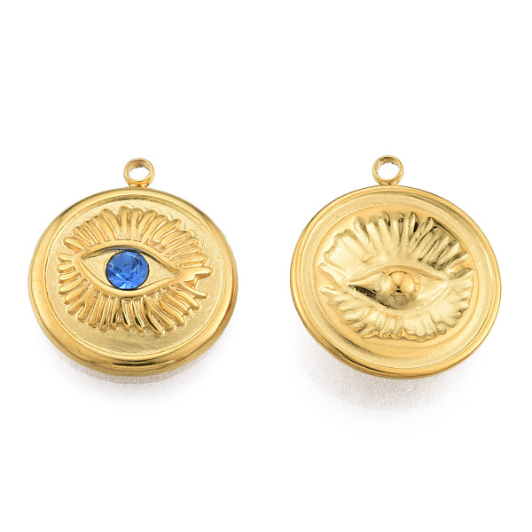 

PandaHall 304 Stainless Steel Pendants, with Sapphire Rhinestone, Flat Round with Eye, Real 18K Gold Plated, 17.5x15x3mm, Hole: 1.5mm..., Blue