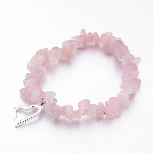 

PandaHall Alloy Charm Bracelets, Heart, with Natural Rose Quartz Chip Beads and Elastic Crystal Thread, Silver Color Plated, 2-1/4 inch...
