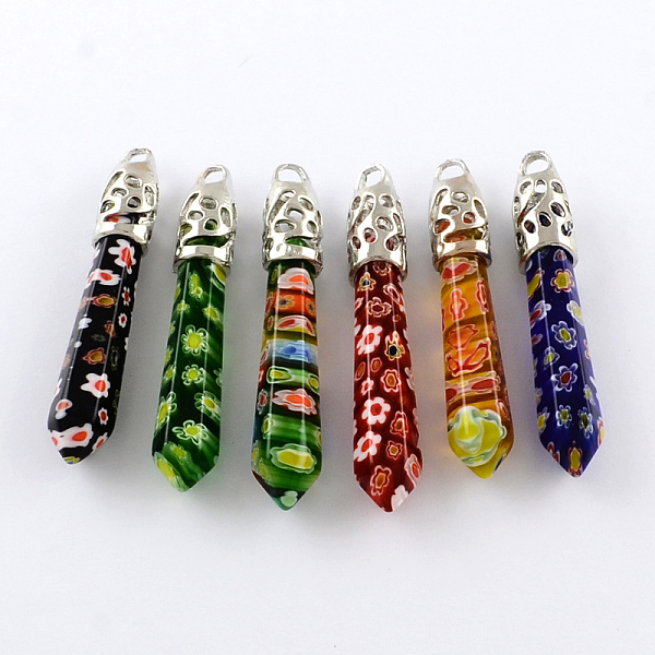 

PandaHall Millefiori Glass Big Pendants with Alloy Findings, Mixed Color, 60~70x11x11mm, Hole: 4mm Millefiori Lampwork Others Multicolor