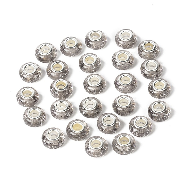 

PandaHall Rondelle Resin European Beads, Large Hole Beads, with Glitter Powder and Platinum Tone Brass Double Cores, Light Grey, 13.5x8mm...