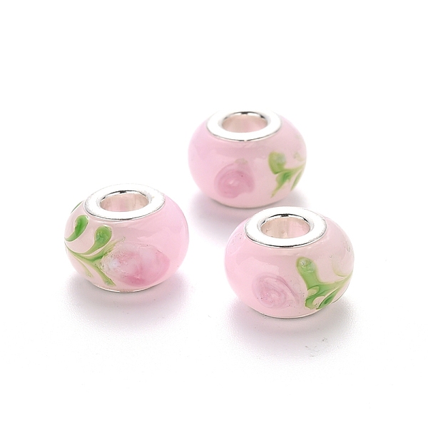 PandaHall Handmade Lampwork European Beads, Large Hole Rondelle Beads, with Platinum Tone Brass Double Cores, Rondelle with Flower, Pink...