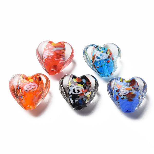 

PandaHall Handmade Lampwork Beads, with Inner Flower, Heart, Mixed Color, 15x15~16x9mm, Hole: 1.2mm Lampwork Heart Multicolor