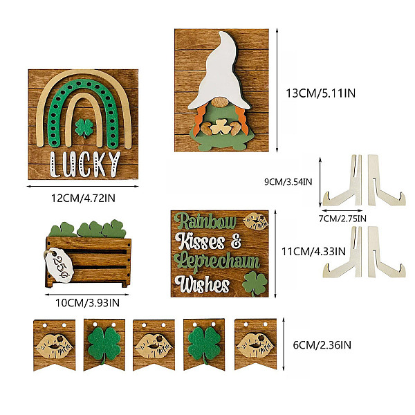 PandaHall Saint Patrick's Day Wood Tiered Tray Decor Sets, for Party Home Desktop Decoration, Mixed Shapes, 120mm Wood Mixed Shapes
