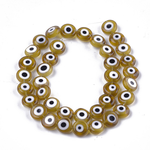 

PandaHall Handmade Evil Eye Lampwork Beads Strands, Flat Round, Dark Khaki, 9.5x3.5mm, Hole: 1.2mm, about 38pcs/strand, 14.1 inch~14.5 inch....
