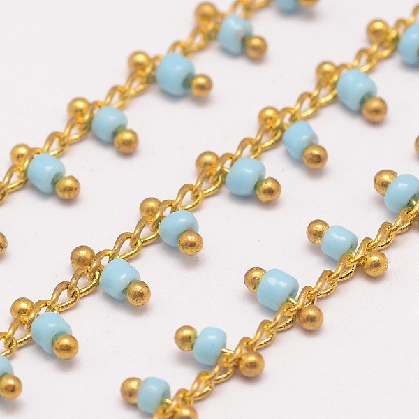 

PandaHall 3.28 Feet Handmade Seed Beaded Chains, Soldered, with Brass Findings, Light Sky Blue, 6x2~3mm Brass+Glass
