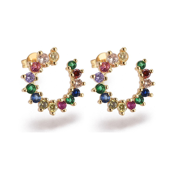 

PandaHall Brass Micro Pave Cubic Zirconia Stud Earrings, Half Hoop Earrings, with Brass Ear Nuts, Sun, Colorful, Golden, 14mm, Pin: 0.7mm...