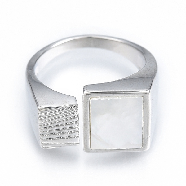 

PandaHall Natural Shell Square Open Cuff Ring, Brass Chunky Signet Ring for Women, Nickel Free, Real Platinum Plated, US Size 5 3/4(16.3mm)..., White