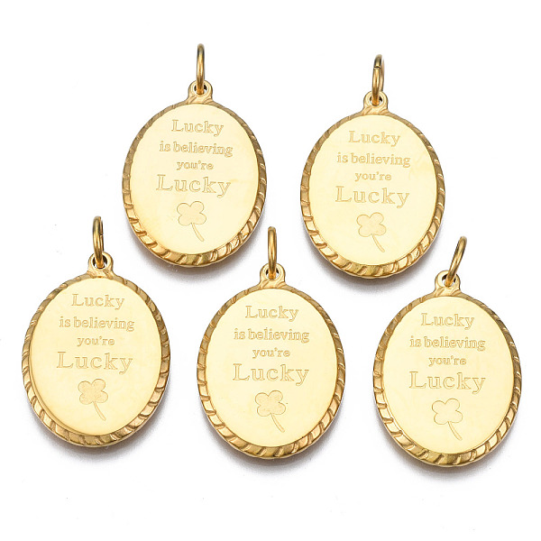 

PandaHall 316 Surgical Stainless Steel Pendants, with Jump Rings, Oval with Word, Real 14K Gold Plated, 26x19x2.5mm, Hole: 5mm, Jump Ring...