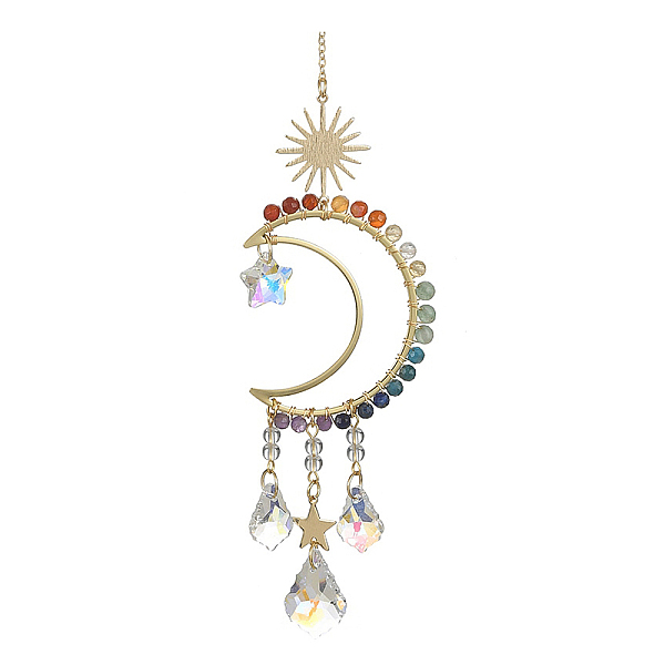 

PandaHall Chakra Gemstone Beads Pendant Decorations, Hanging Suncatchers, with Glass Teardrop Charm, for Home Decorations, Sun & Star, Moon..., White