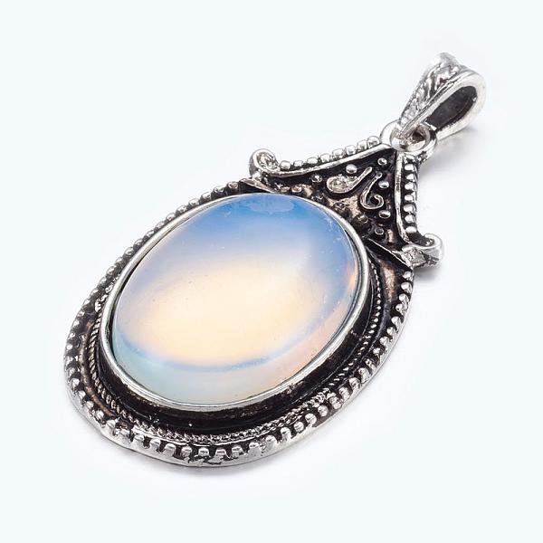

PandaHall Opalite Big Pendants, with Alloy Findings, Antique Silver Color, Oval, White, Size: about 29mm wide, 56mm long, 11mm thick, hole..., Pink