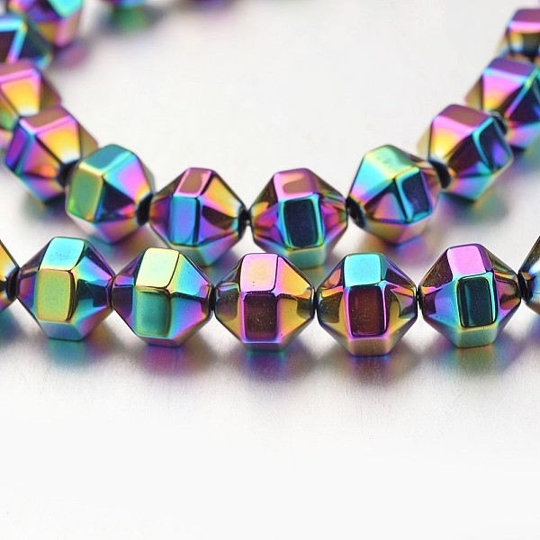 

PandaHall Electroplate Non-magnetic Synthetic Hematite Bead Strands, Polygon, Multi-color Plated, 8x8mm, Hole: 1mm, about 51pcs/strand, 15.7...