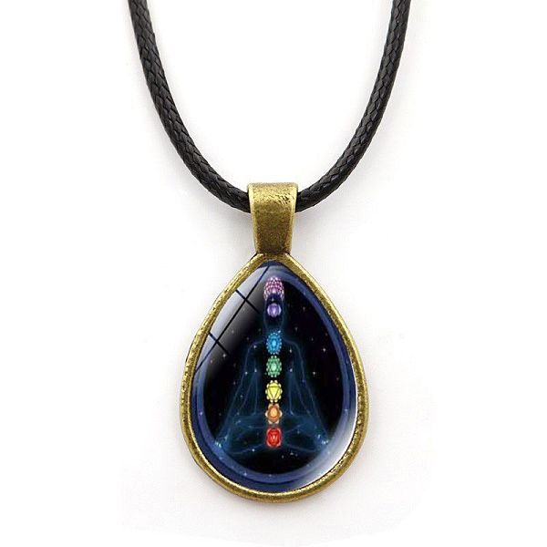 

PandaHall Yoga Theme Alloy Teardrop Pendant Necklace with Wax Rope for Women, Prussian Blue, 16.93 inch(43cm) Alloy Human