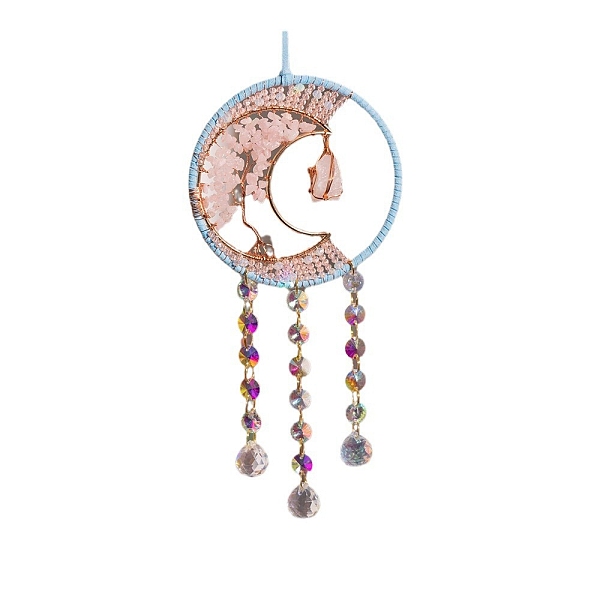 

PandaHall Rose Quartz Pendant Decoration, Hanging Suncatcher, with Iron Findings, Moon, 380x180mm Rose Quartz Moon