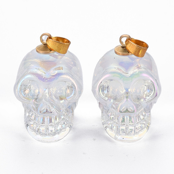 

PandaHall Electroplate K9 Glass Pendants, with Golden Plated Brass Bails, Skull, Halloween, Clear AB, 25x26~27x19mm, Hole: 5x3mm K9 Glass..., White