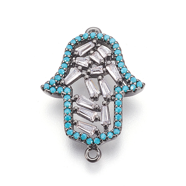 PandaHall Brass Micro Pave Cubic Zirconia Links, Hamsa Hand/Hand of Fatima/Hand of Miriam, Colorful, Gunmetal, 23x16x2.5mm, Hole: 1mm