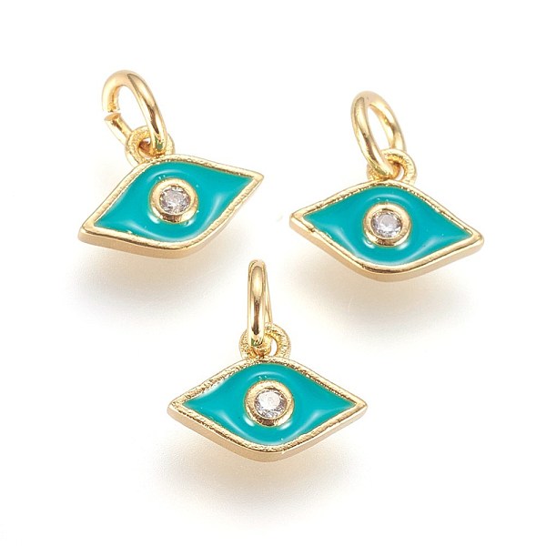 

PandaHall Brass Micro Pave Cubic Zirconia Charms, with Enamel and Jump Ring, Horse Eye, Golden, Dark Turquoise, 7x10x2mm, Hole: 3mm..., Cyan