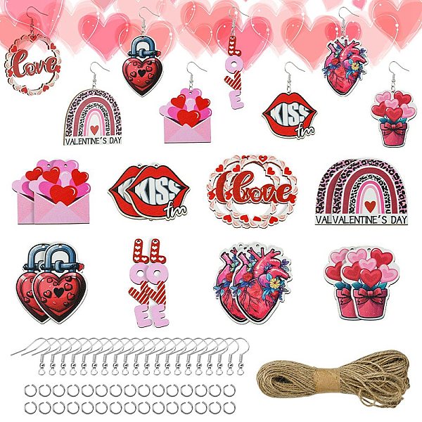 

PandaHall DIY Valentine's Day Pendant Decoration/Earring Making Kit, Including Wood Big Pendants, Jute Cord, Iron Earring Hooks, Lock & Word...