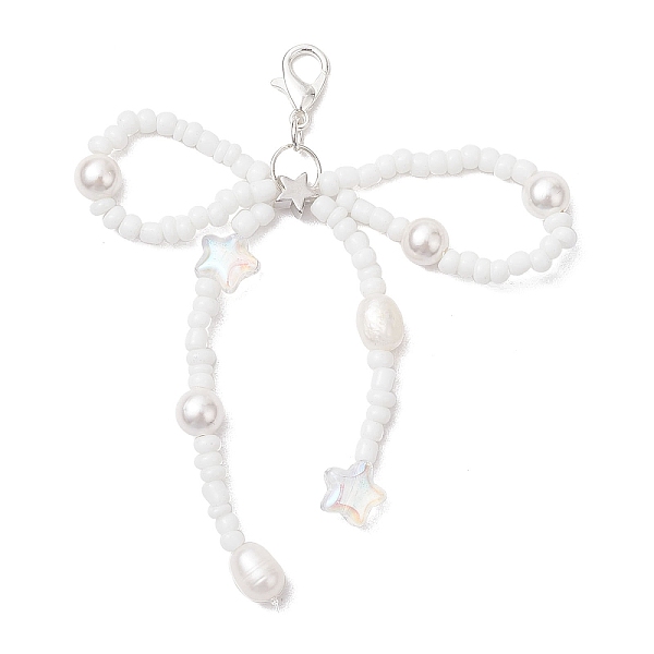 

PandaHall Bowknot Natural Cultured Freshwater Pearl & Glass Beaded Pendant Decoration, Lobster Claw Clasps Charm for Bag Ornaments, Platinum..., White