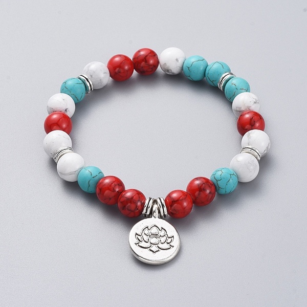 

PandaHall Buddhist Theme Synthetic Turquoise, Natural Howlite Round Beads Stretch Bracelets, with Tibetan Style Alloy Flat Round Pendants...
