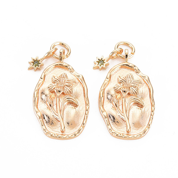 

PandaHall Brass Olivine Rhinestone Pendants, Birth Flower Charms, Nickel Free, Oval with Star, Real 18K Gold Plated, August Gladiolus..., Green