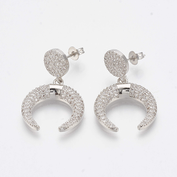 

PandaHall Brass Micro Pave Cubic Zirconia Ear Studs, Dangle Earrings, Double Horn/Crescent Moon, Clear, Platinum, 31mm, pin: 0.8mm Cubic...