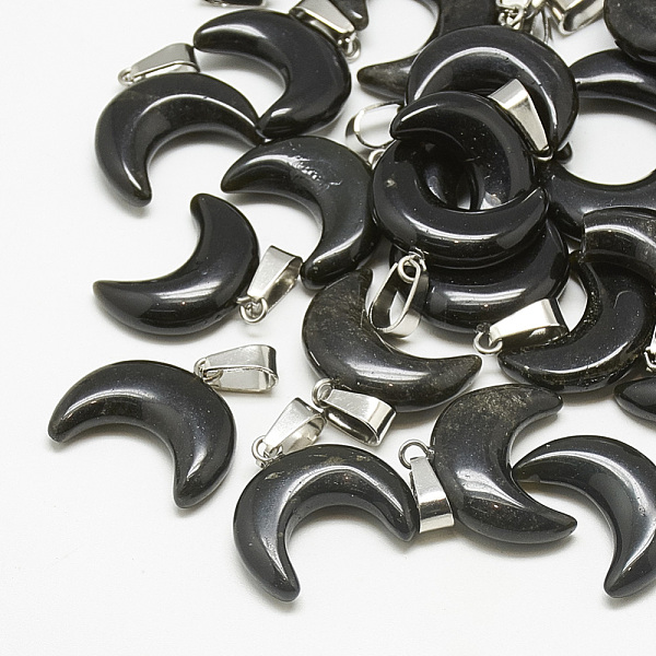 

PandaHall Natural Black Agate Pendants, with Stainless Steel Snap On Bails, Moon, Dyed, Stainless Steel Color, 18~19x20x6mm, Hole: 6x2.5mm...