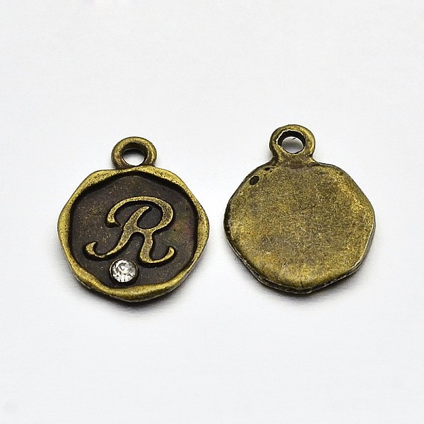 

PandaHall Antique Bronze Plated Alloy Rhinestone Charms, Flat Round with Letter.R, Nickel Free, 13x10x1.5mm, Hole: 1mm Alloy+Rhinestone..., Clear
