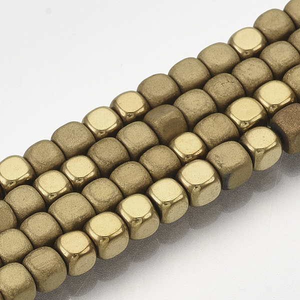 

PandaHall Electroplate Non-magnetic Synthetic Hematite Bead Strands, with Matte Style, Cube, Golden Plated, 3x3x3mm, Hole: 1mm, about...