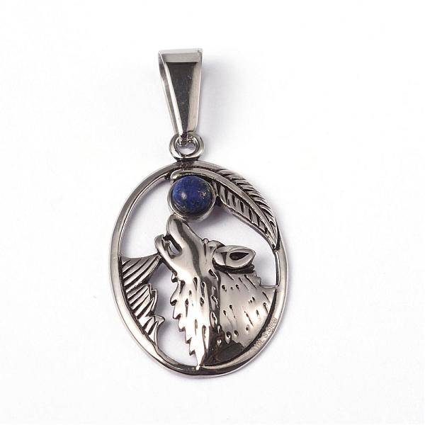 

PandaHall 304 Stainless Steel Pendants, with Lapis Lazuli, Oval with Wolf, Antique Silver, 29x19x5mm, Hole: 10x5mm 304 Stainless Steel Oval