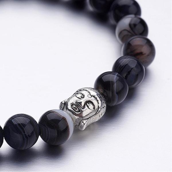 

PandaHall Natural Agate Beaded Stretch Bracelets, with Tibetan Style Alloy Buddha Head Beads, Antique Silver, Black, 2 inch(50mm) Natural...