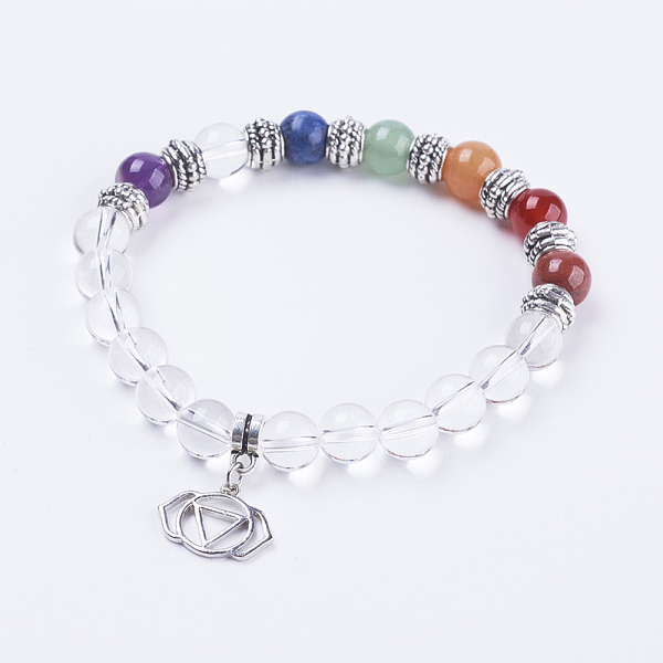 

PandaHall Natural Quartz Crystal Stretch Bracelets, with Mixed Stone, Alloy Findings and Brass Pendants, Flower, Antique Silver, 2-1/8 inch..., Clear