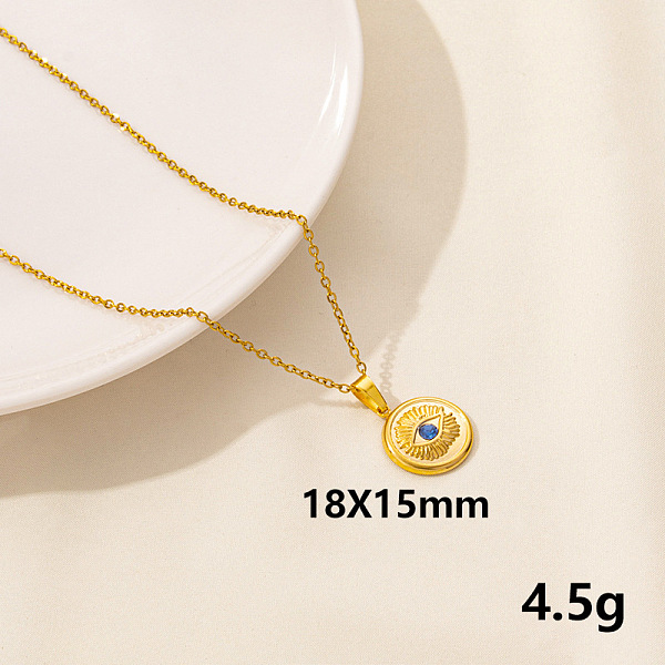 

PandaHall Stylish Stainless Steel Rhinestones Flat Round with Evil Eye Pendant Necklace, Hip-hop Street Fashion Stainless Steel Flat Round